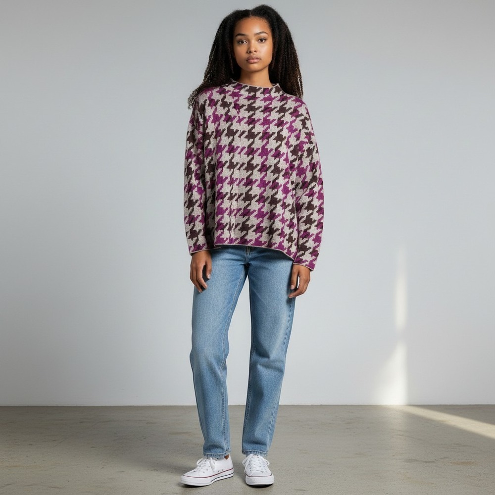 Ann Taylor Factory Womens Purple Houndstooth Mock Neck Knit Sweater Large FA24